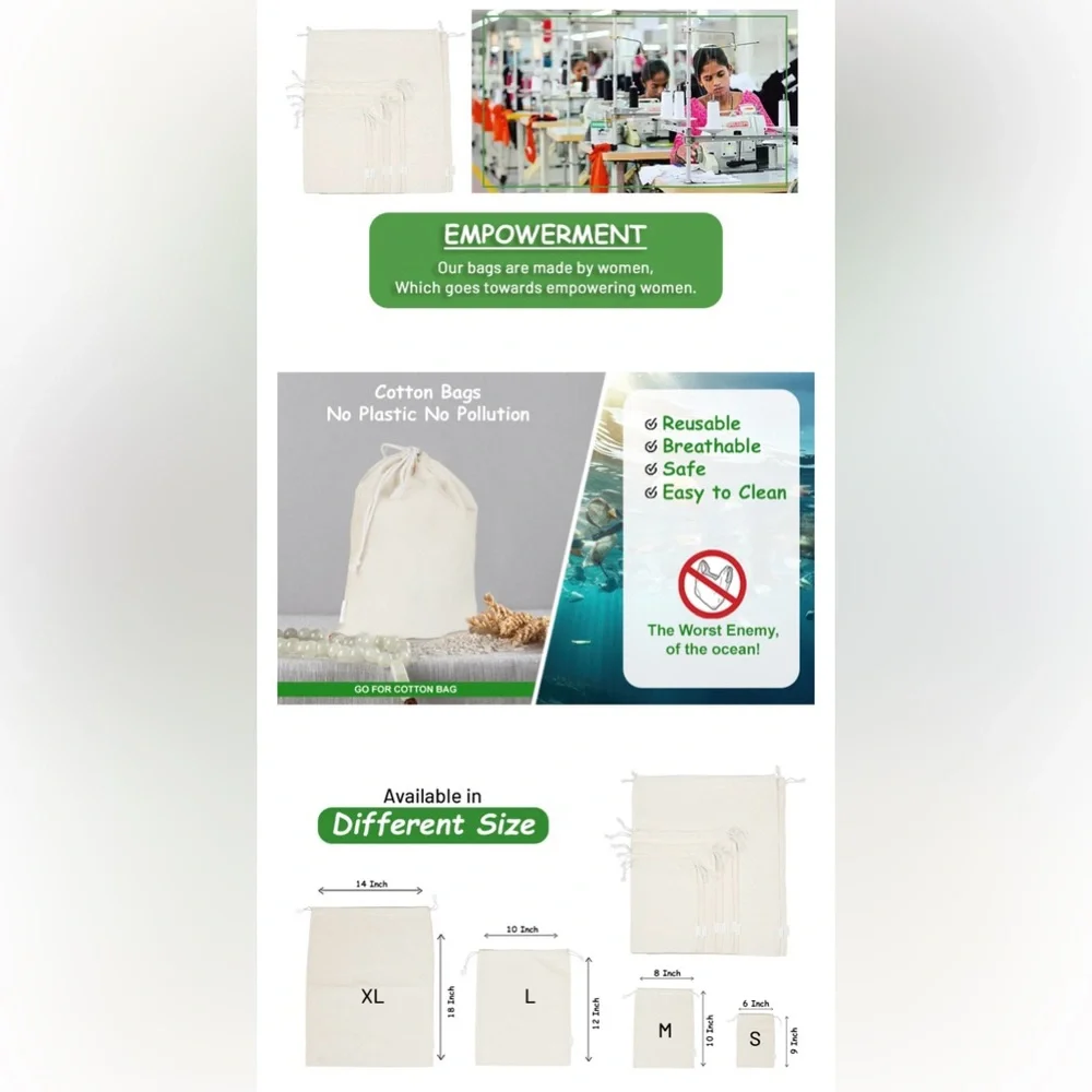 Reusable Cotton Storage Produce Bags With Drawstrings, Muslin Bags